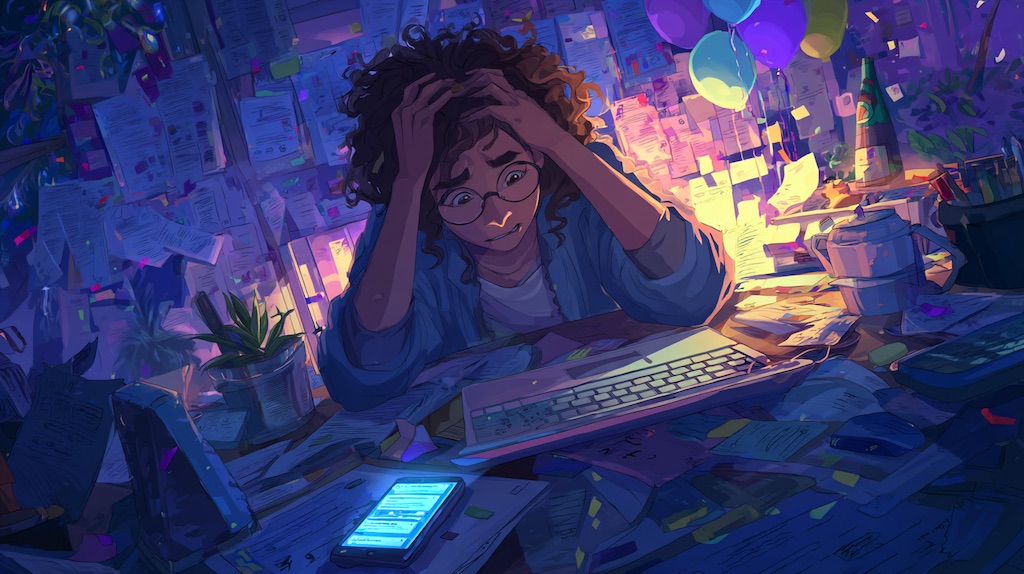 Stressed parent at laptop with scattered papers, phone showing multiple group texts, frustrated expression