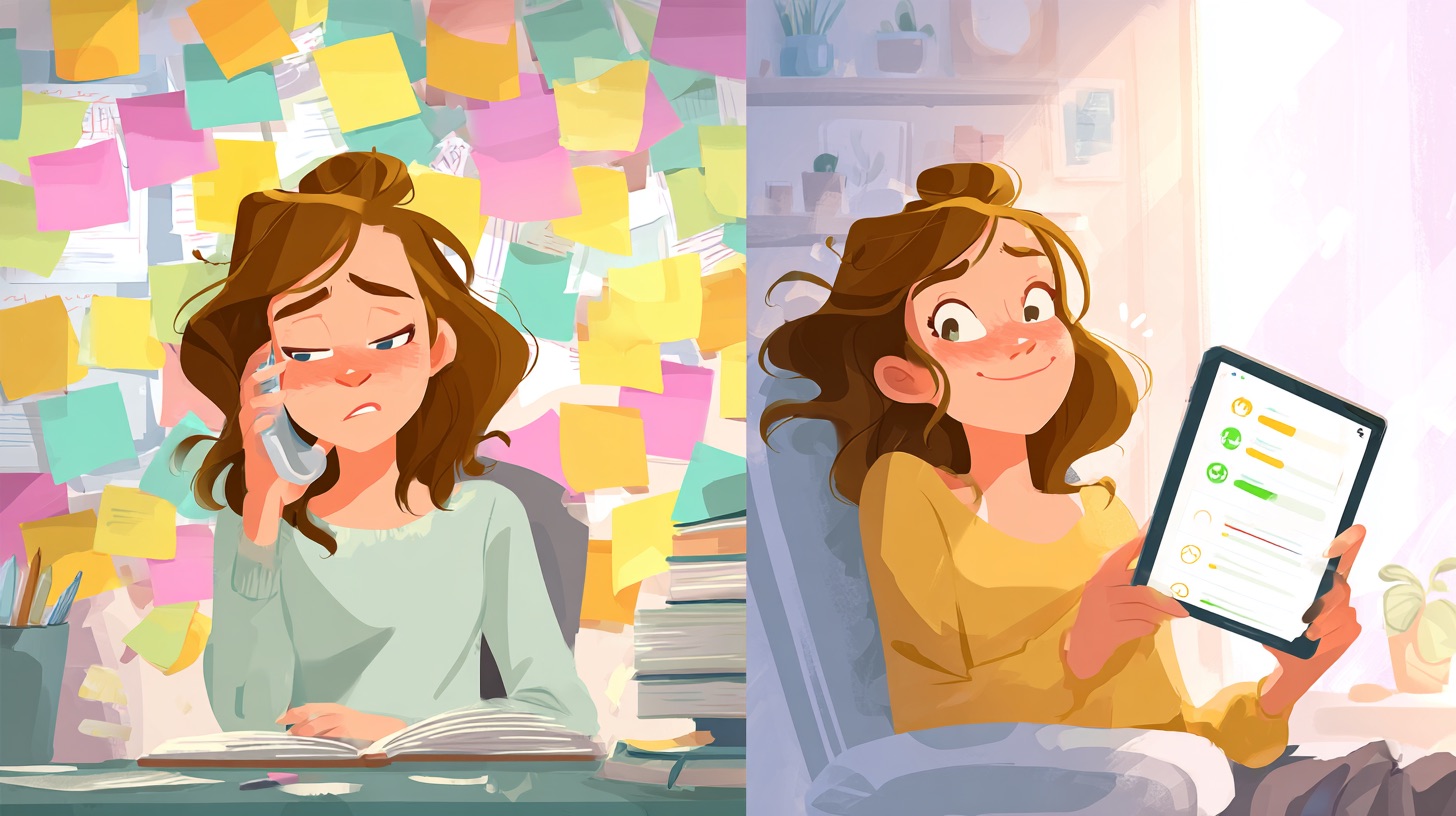Before/after comparison - stressed parent surrounded by sticky notes and phone calls vs calm parent checking organized dashboard on tablet