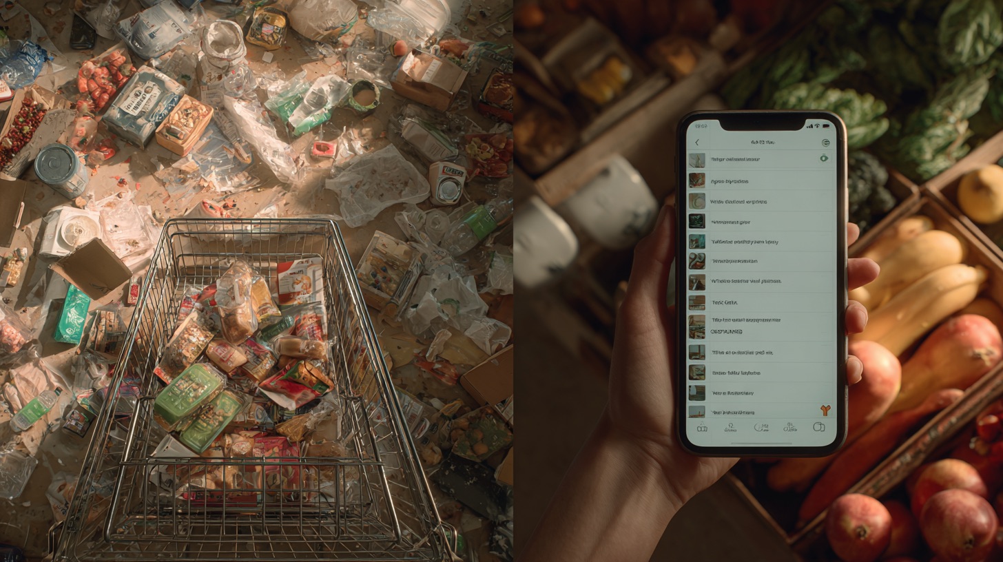 Photo of overcrowded grocery cart with too much food vs organized shopping list on phone
