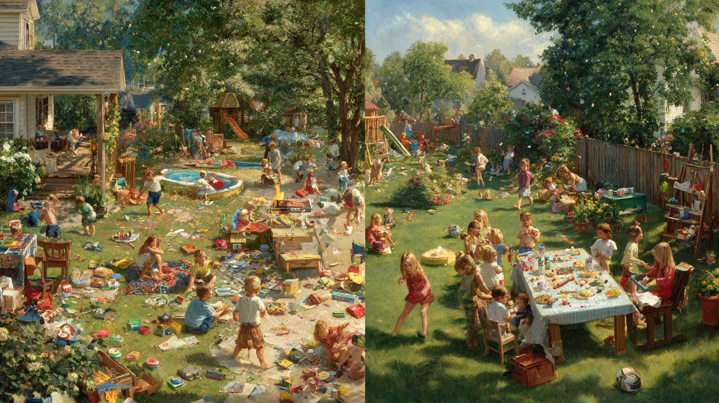 Photo of backyard setup with organized activity stations vs chaotic scene with scattered toys and confused kids