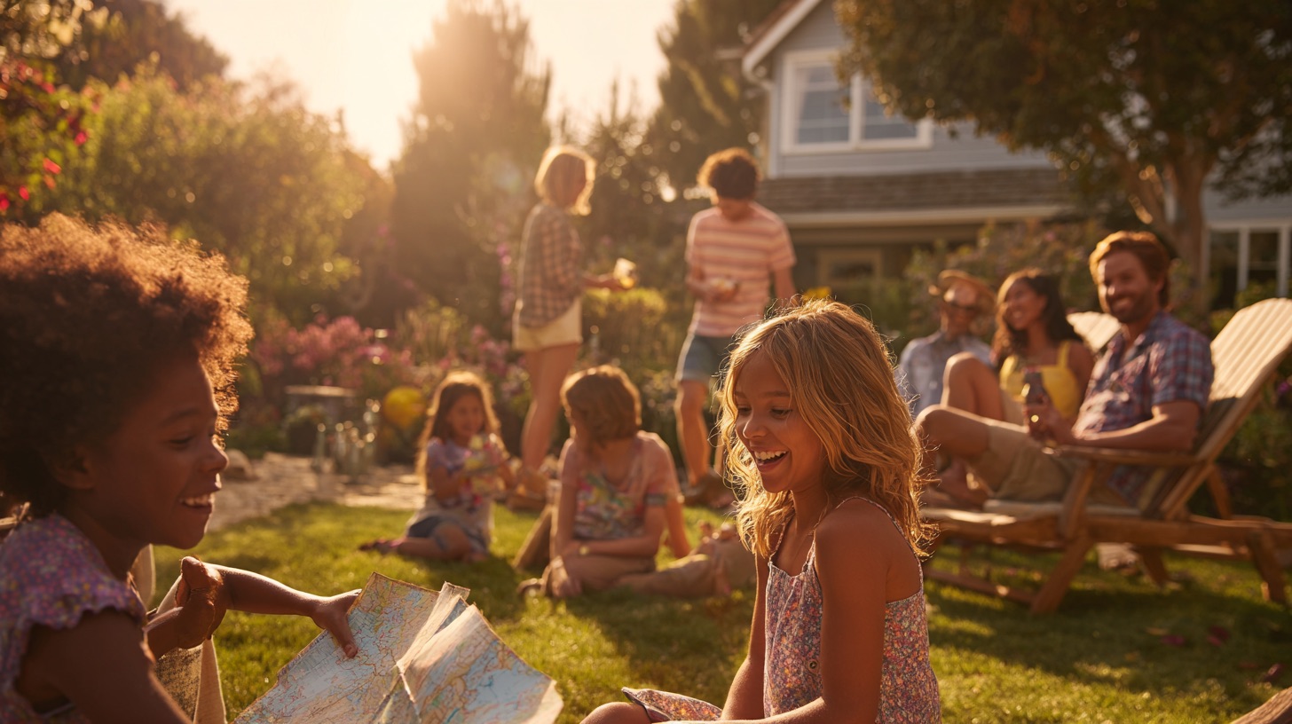 Happy photo of kids playing treasure hunt in backyard while relaxed parents chat nearby, host taking photos instead of stress-managing