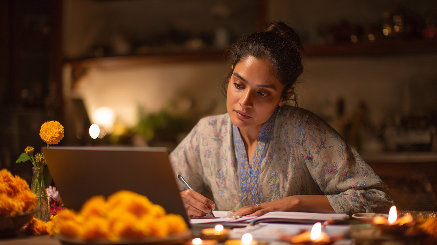 Overwhelmed woman surrounded by to-do lists and Diwali decorations, looking stressed on the phone