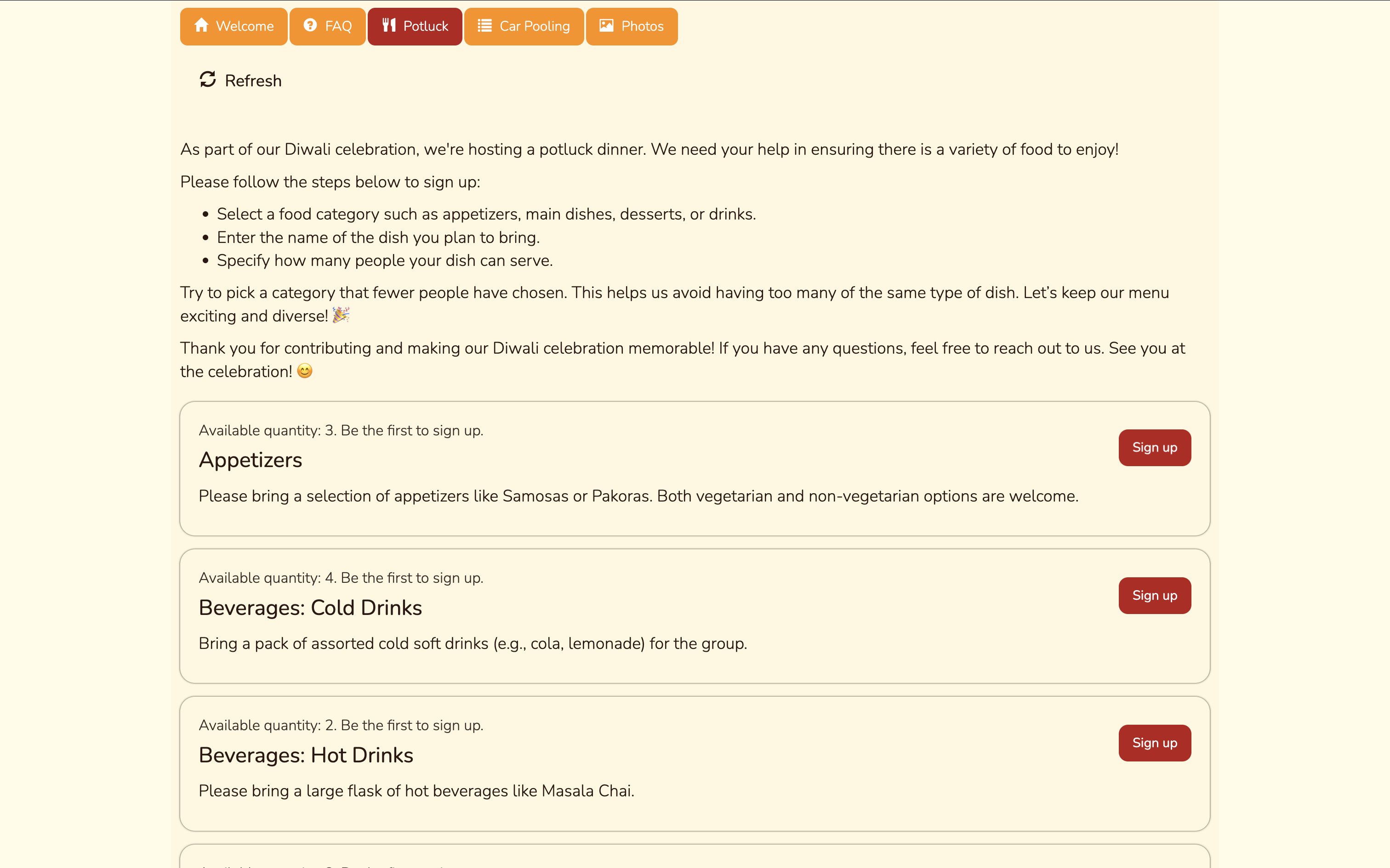 Potluck Organizer for Diwali Celebration