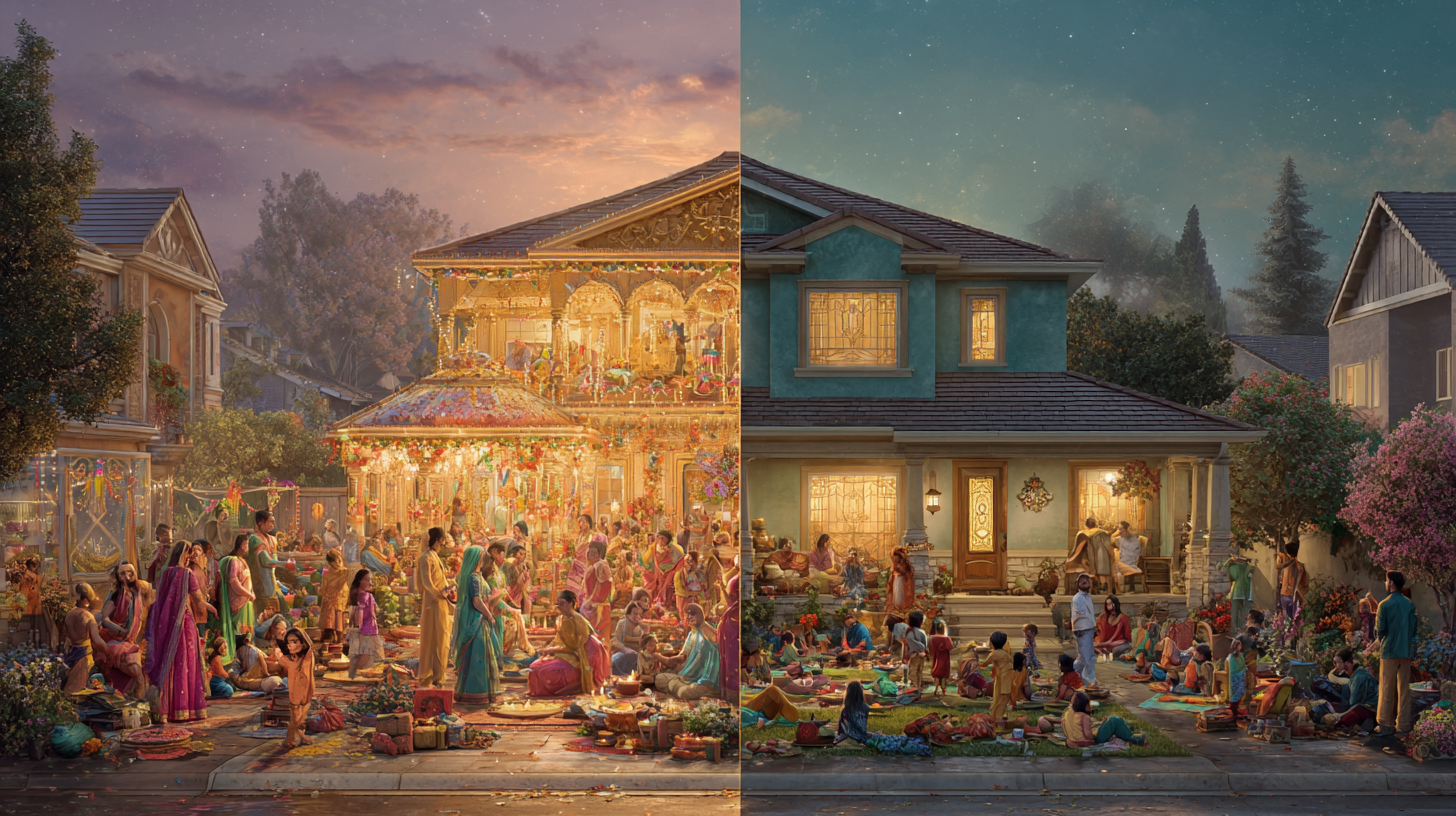 Split image — Diwali in India with extended family vs. smaller family home in North America
