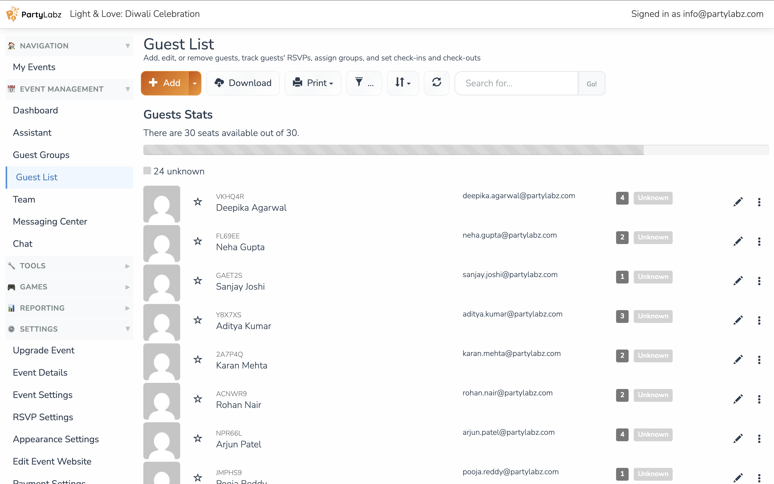 Guest list interface showing household entries and RSVP