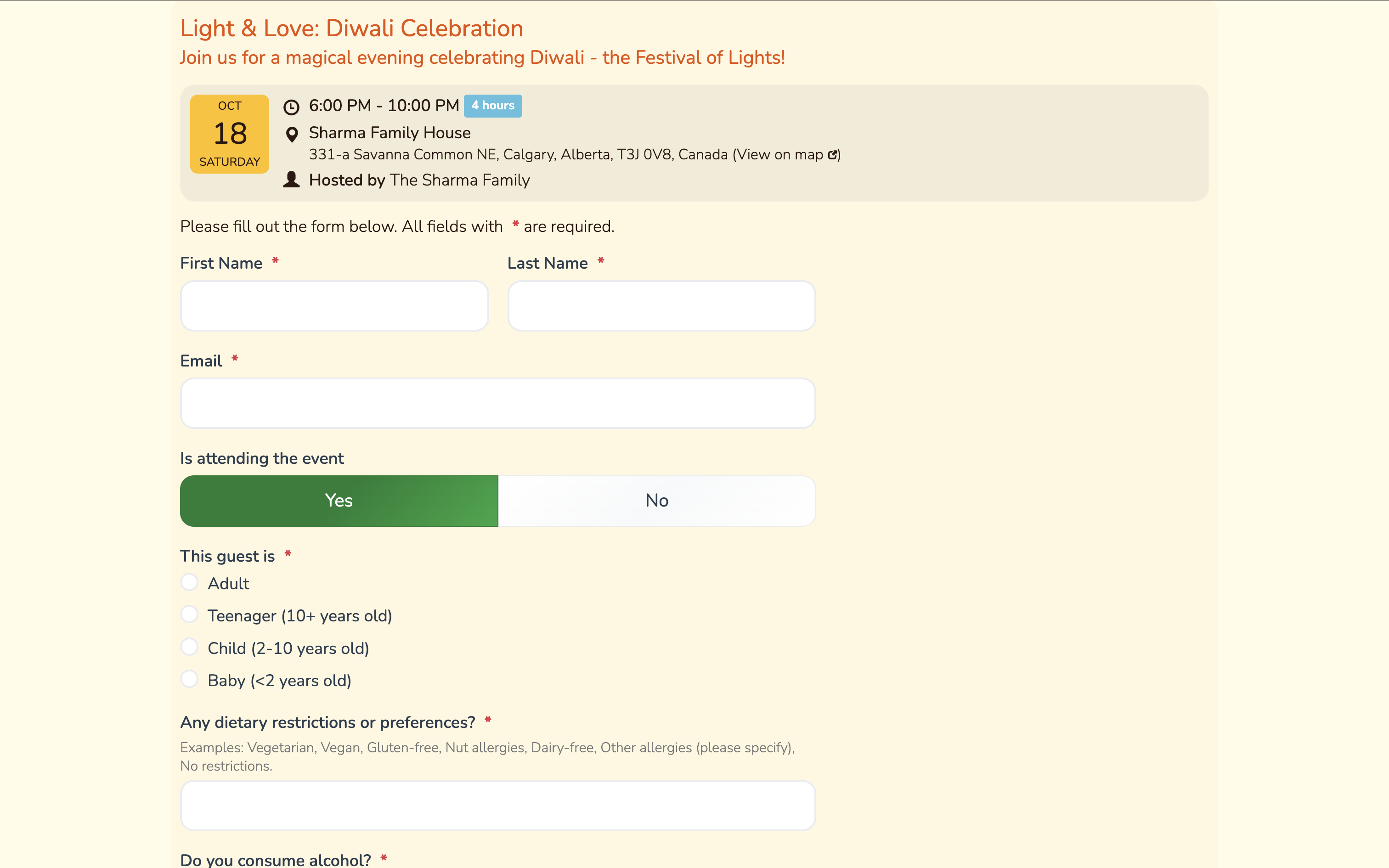 RSVP form with dietary, attendance, and activity questions