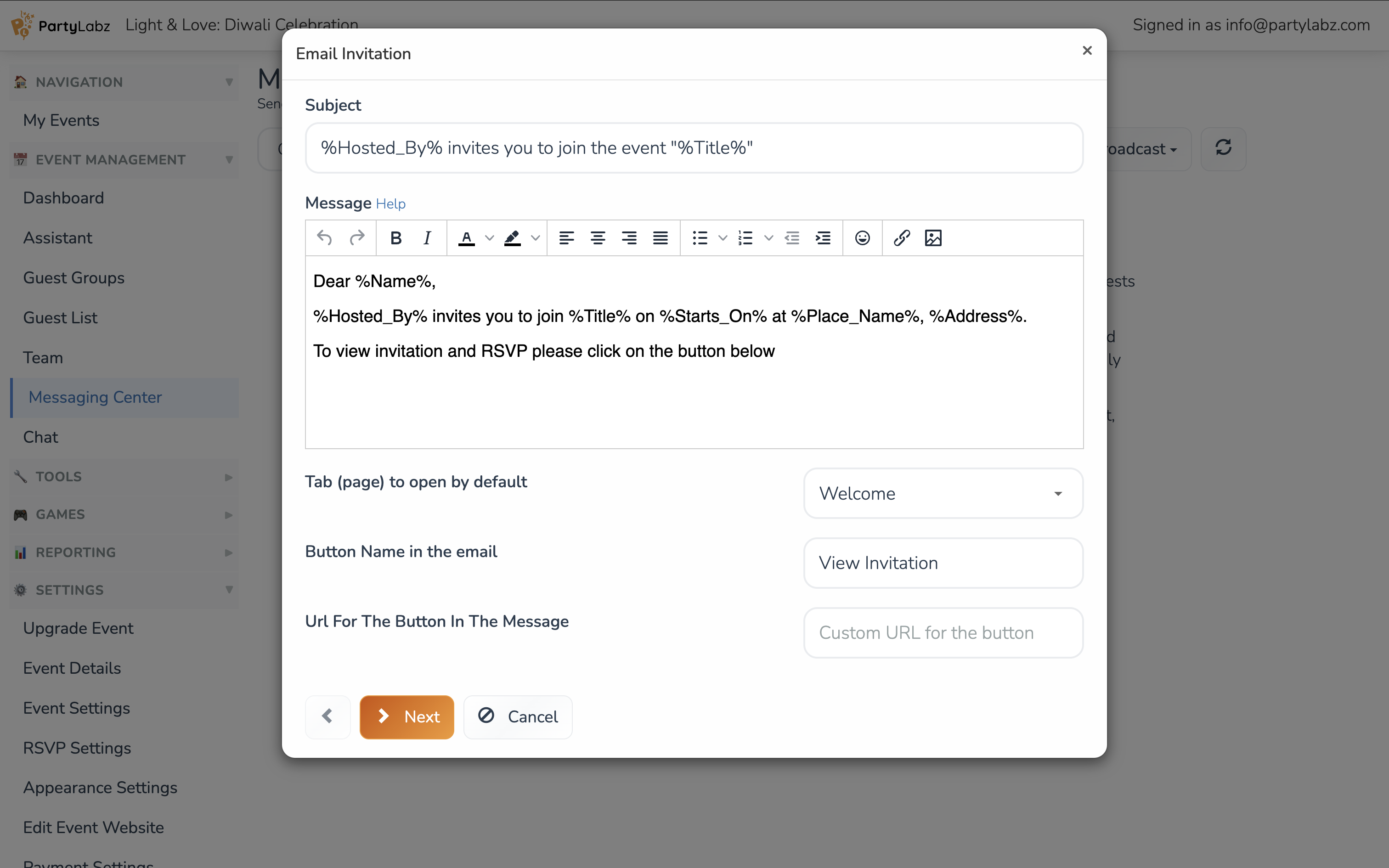 Sending interface for email and SMS invitations