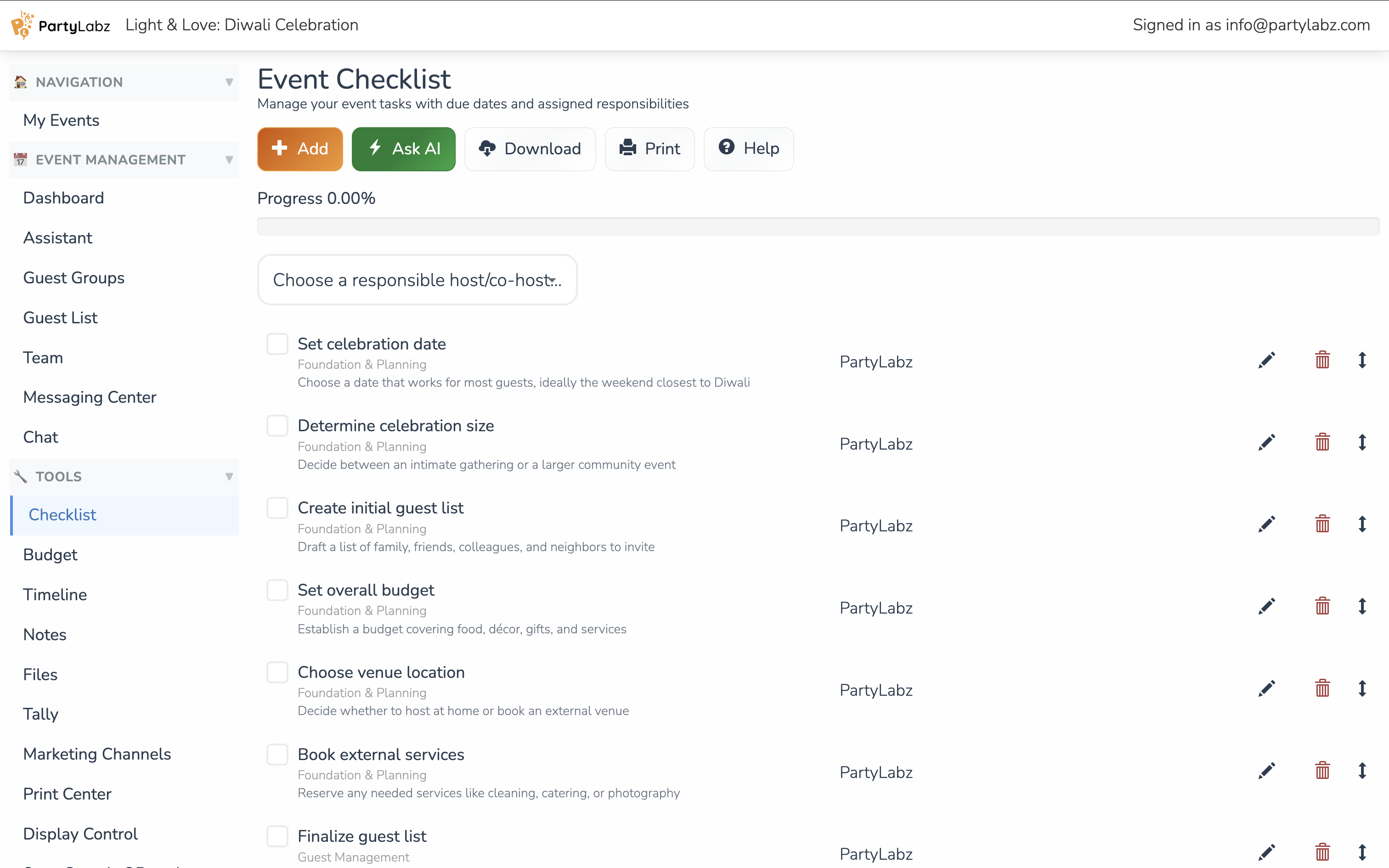 Diwali event planning checklist in PartyLabz