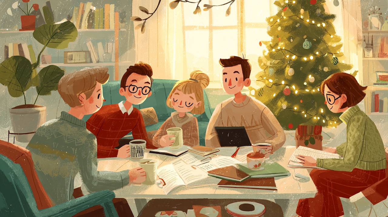 Stressed parent at laptop with scattered papers, phone showing multiple group texts, frustrated expression