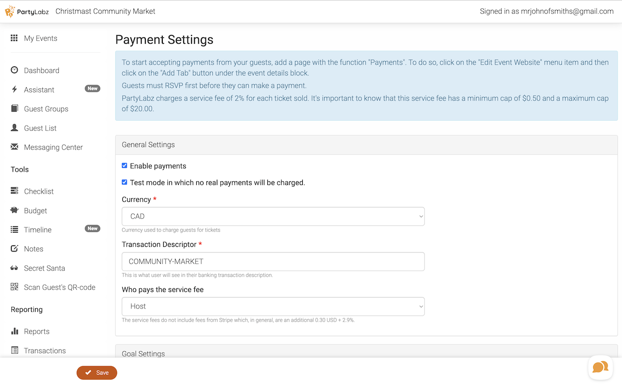 Event payments settings