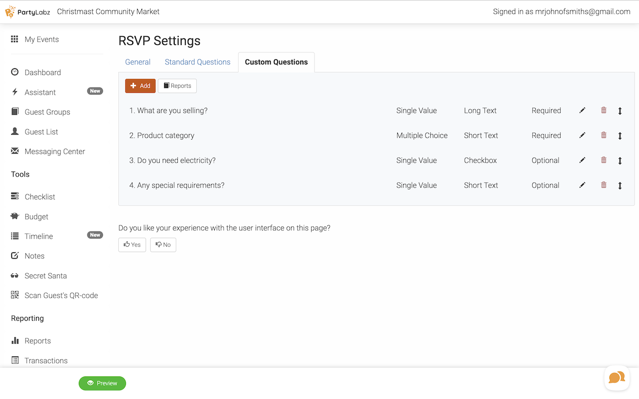RSVP Custom Questions