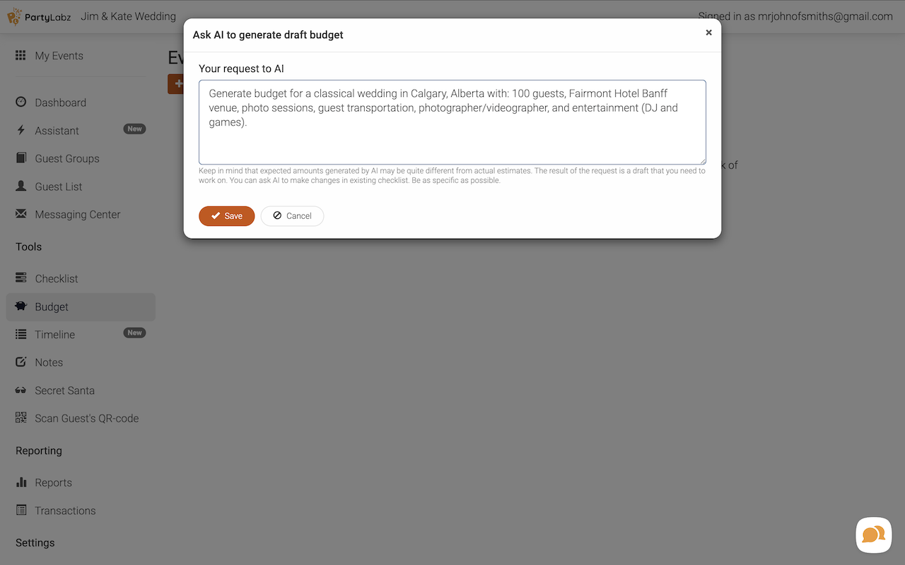 AI-promopt to generate budget template