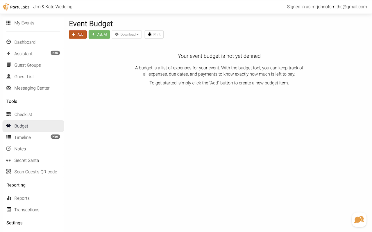 Event Budget page