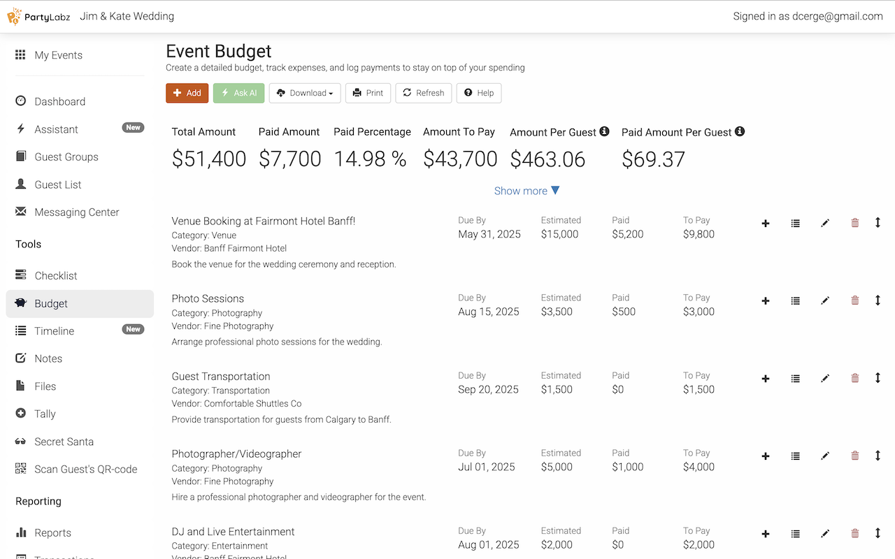 Event budget with assigned categories and vendors