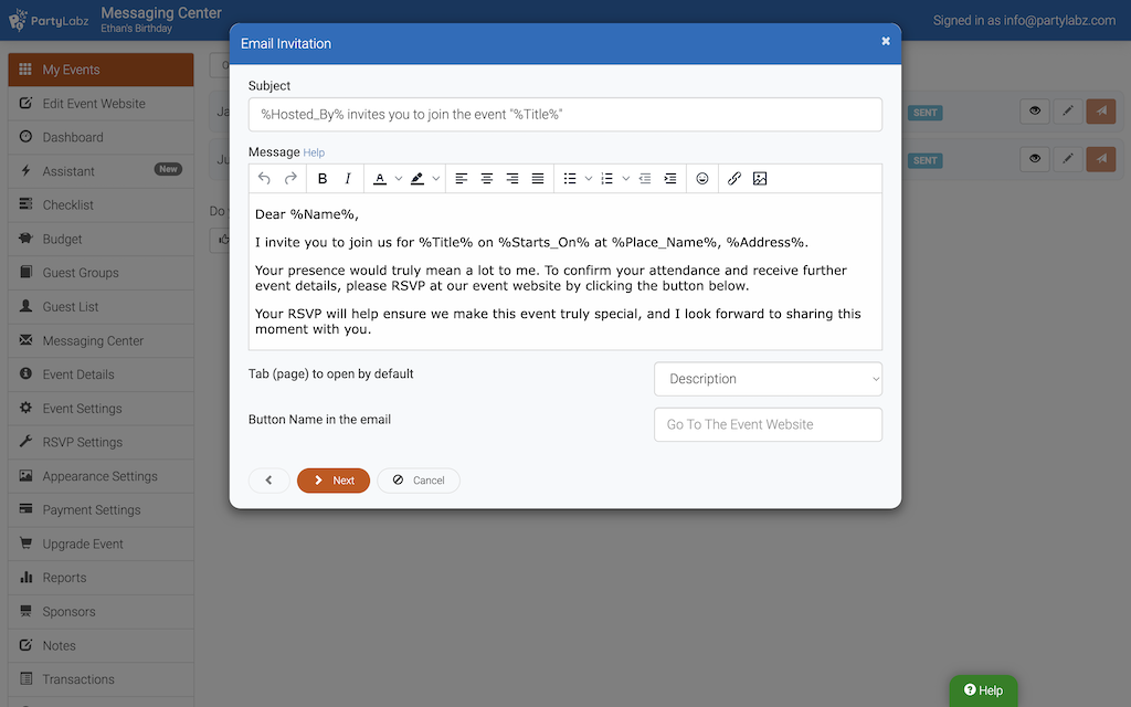 Send Email Invitation Dialog: Invitation Text