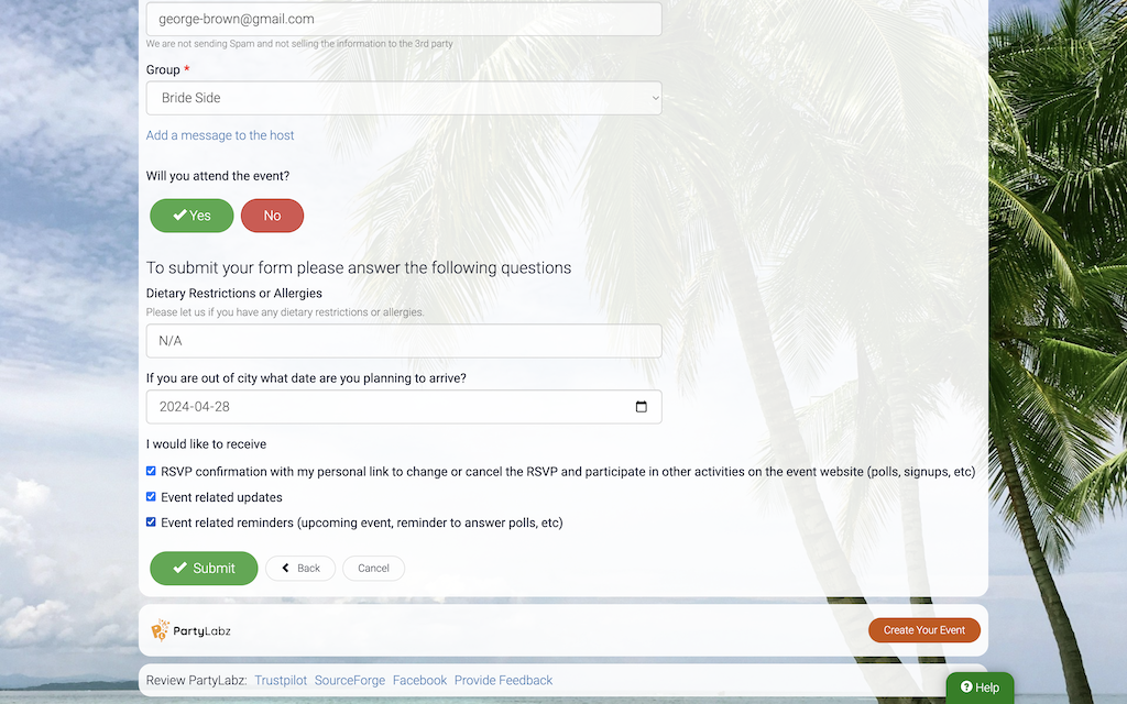 Step Two on RSVP page