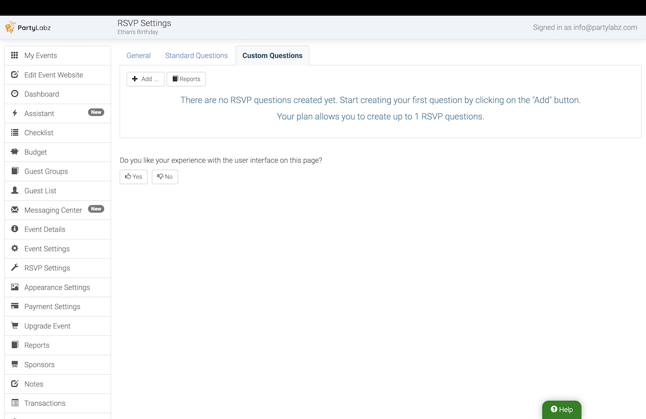 Custom RSVP questions Tab: No questions created