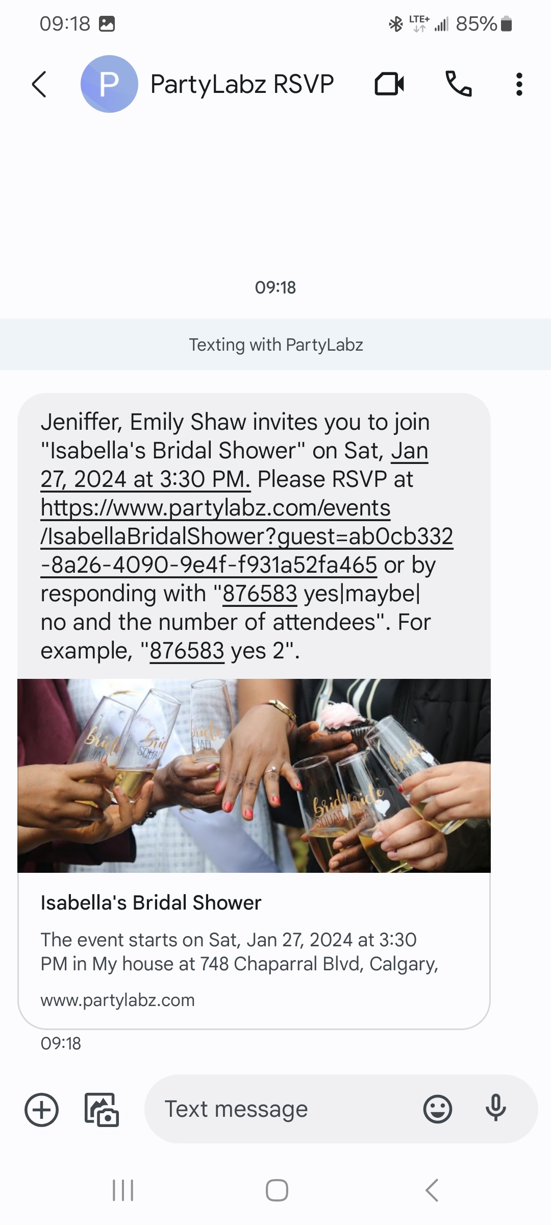 How Received Text Invitation Look