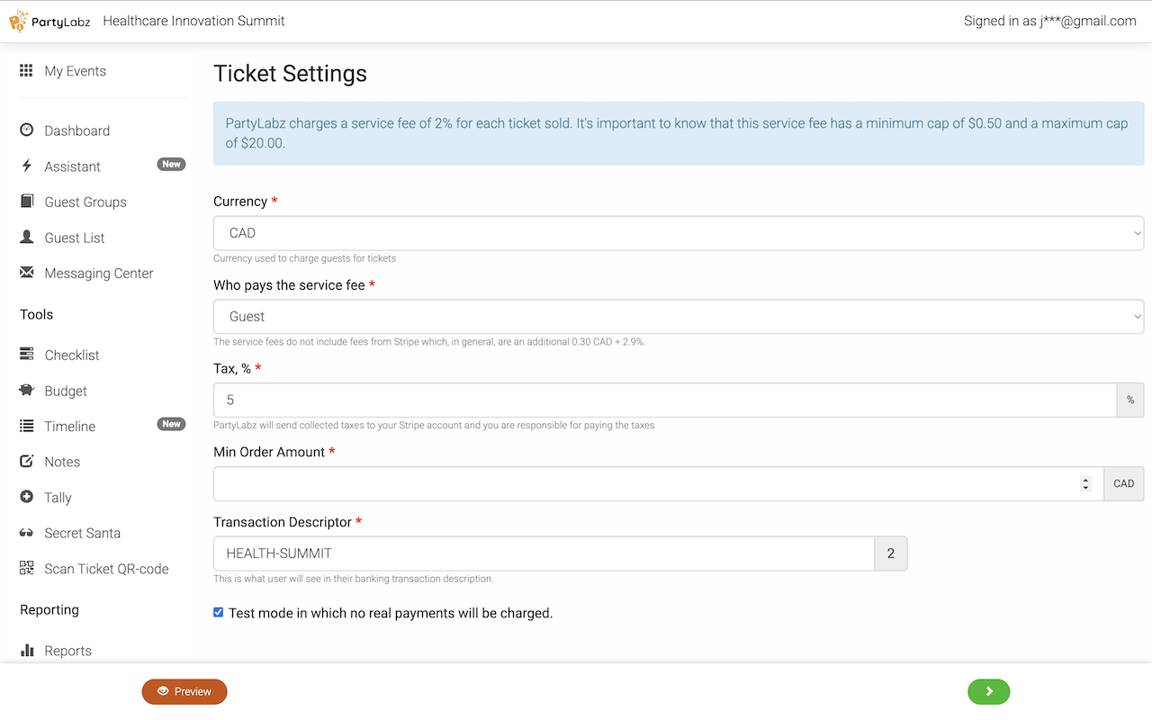 Event Website Ticket Settings