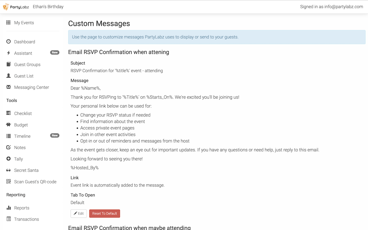 Custom Messages Page