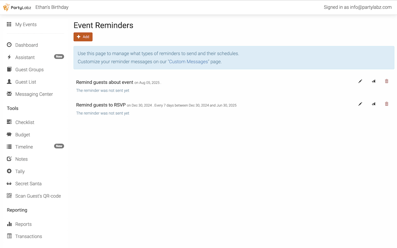 Event Reminders Page